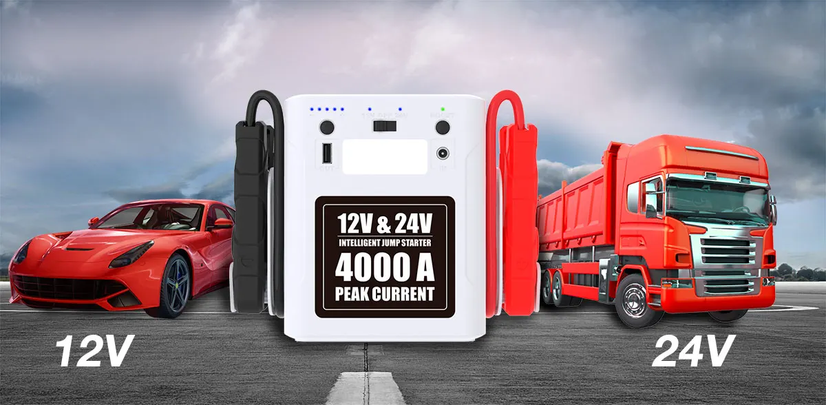 4000A Peak Current Portable 12 Volt Car battery Jump Starter Powerful 24 Volt Truck Heavy high booster duty