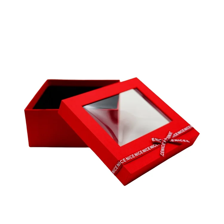 Custom Logo Red Gift Paper Box for Packing Rigid Cardboard Paper Box with Transparent Window Lid