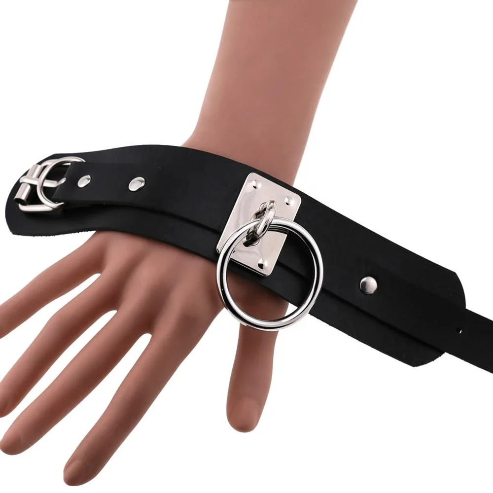 Punk Oversized Double Layer Leather Band Cover Wrist Bracelet Bondage BDSM Silver Metal O Round Gothic Bangles