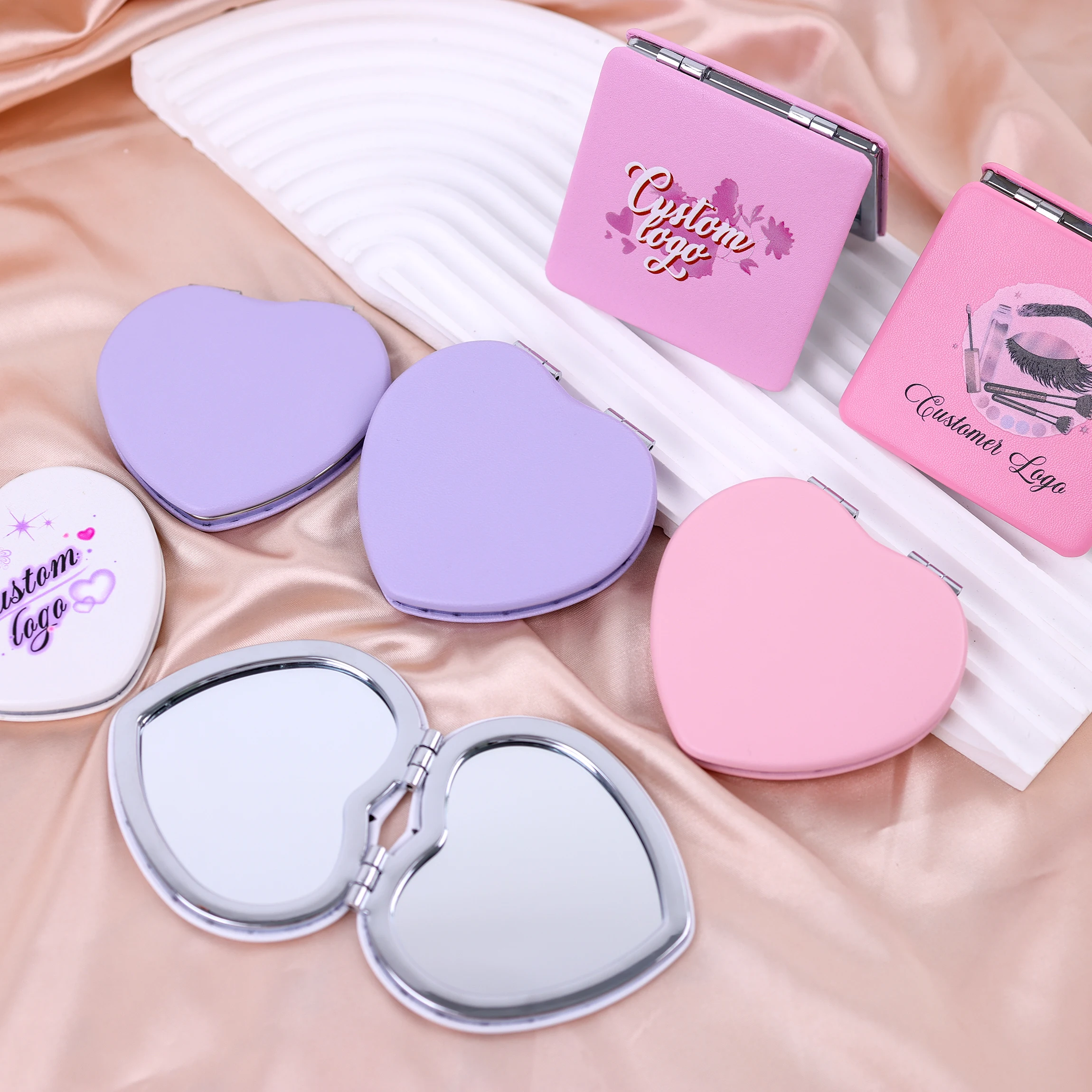 Color heart-shaped mirror PU MINI Pocket mirror Travel pocket round Double Side mirror For Makeup