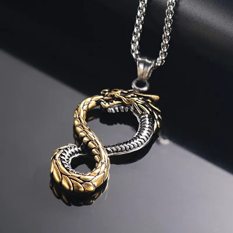 Vintage Silver Plated Dragon Pendant Necklace Unisex Stainless Steel Jewelry with Dragon Charms for Party Gifts for Men Women