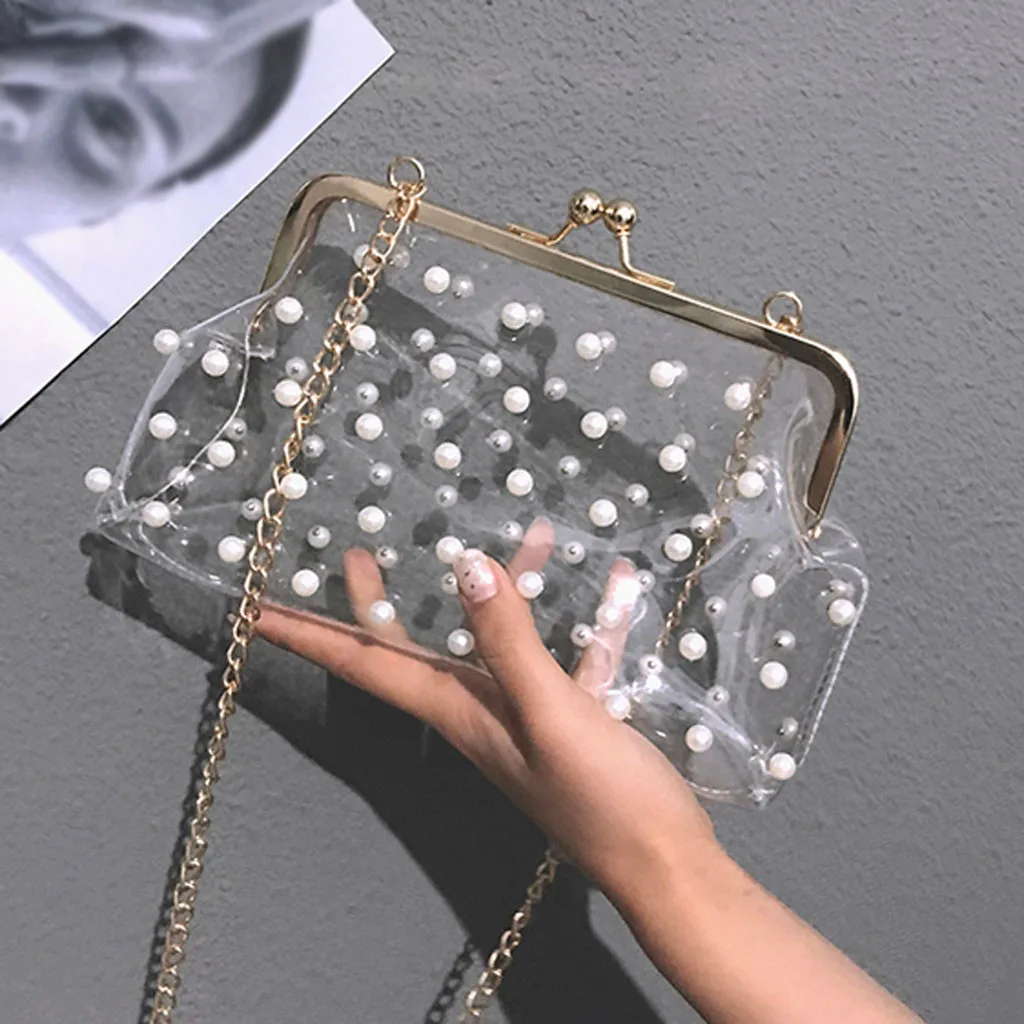 
Transparent Diagonal Package with Beading And Chain Shoulder Bag Handbag 
