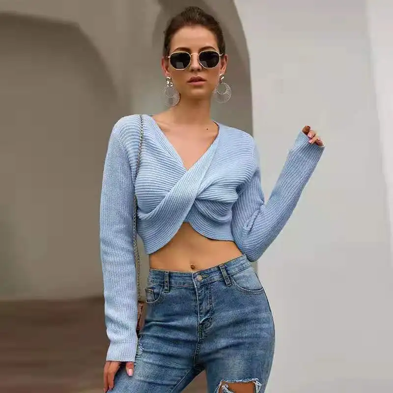 Fashion Autumn Winter Droppshiping Womens Long Sleeve Deep V Sweater Cross Lumbar Solid Color Autumn Loose Pullover Sweater