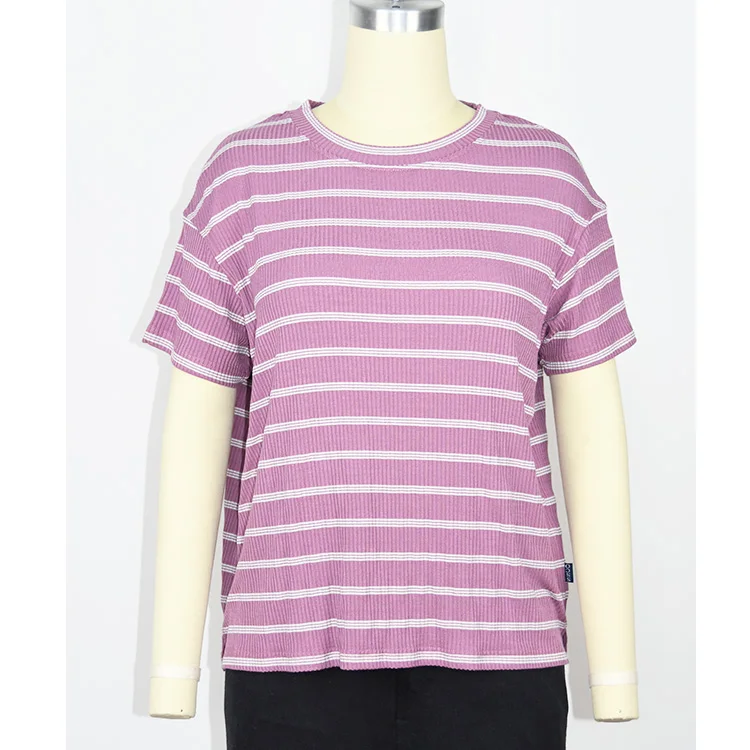 WOMENS VISCOSE YARN DYED STRIPE  RIB LOOSE FIT T-SHIRT, OEM, ODM