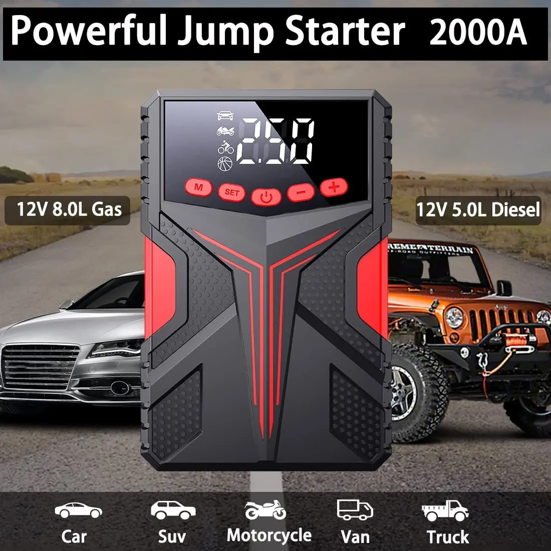2000A Car Jump Starter with Air Compressor Portable jump starter with 150PSI Tire Inflator 10000mAh 12V Auto Battery Booster