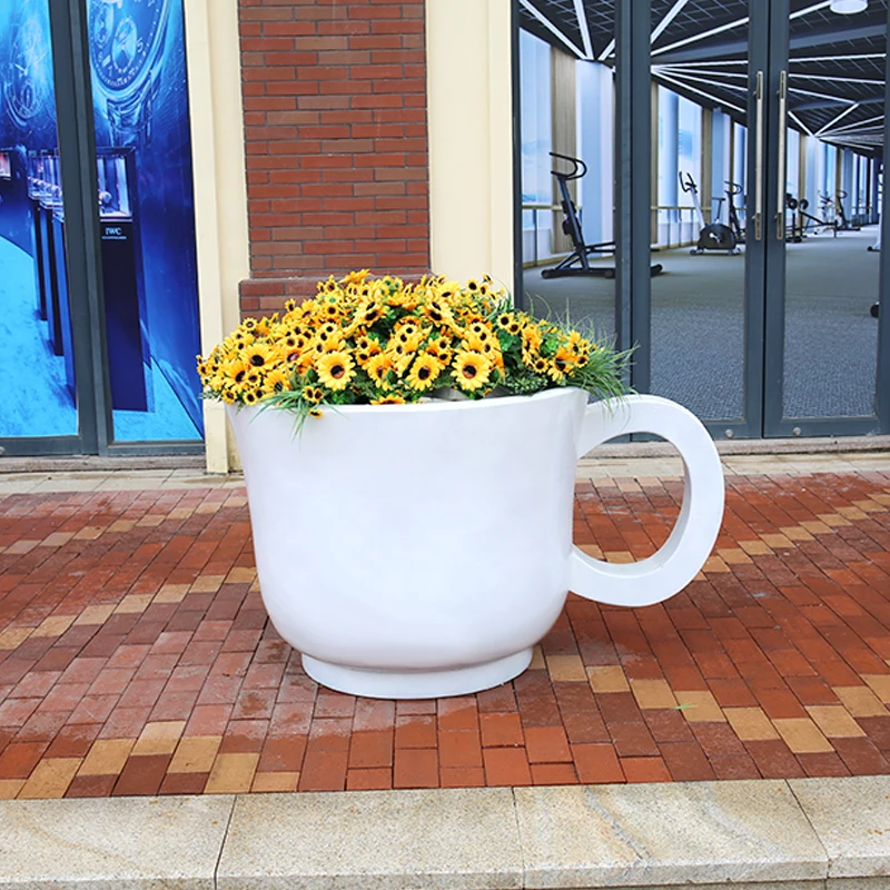 H308 Fiberglass Coffee cup flowerpt big size cup shape flower tea shaped flower pot decoration