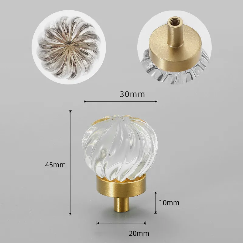 Light Luxury Transparent Crystal Brass Single Hole Cabinet Door Pull Handles and Knobs
