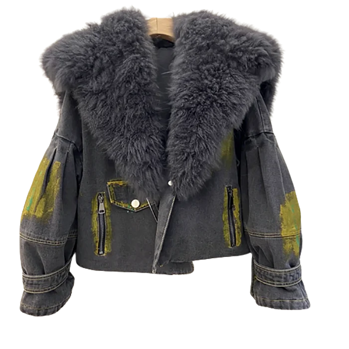 Europe Station 2022 Winter New Lamb Hair Real Wool Collar Young Motorcycle Denim Splice Age Reducing Fur Coat
