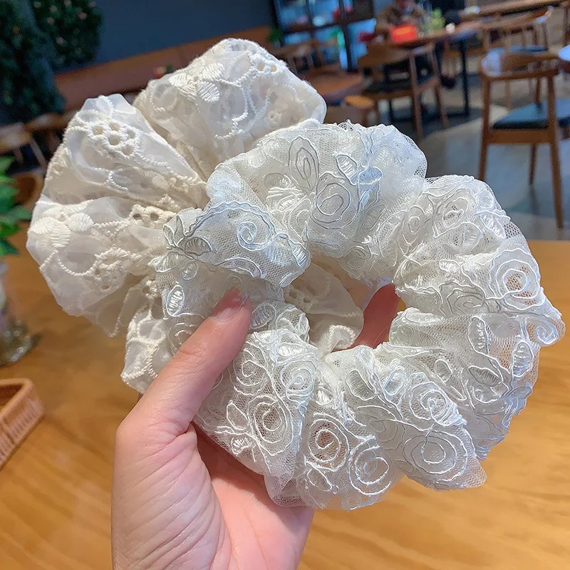 Embroidery White Lace Elegant Lady Summer Scrunchies Breathable Women Hair Bands Retro Large Hair Tie