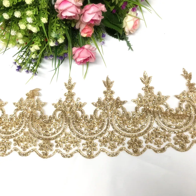 fashion wedding dress white lace fabric beaded sequins trimming embroidery for bridal