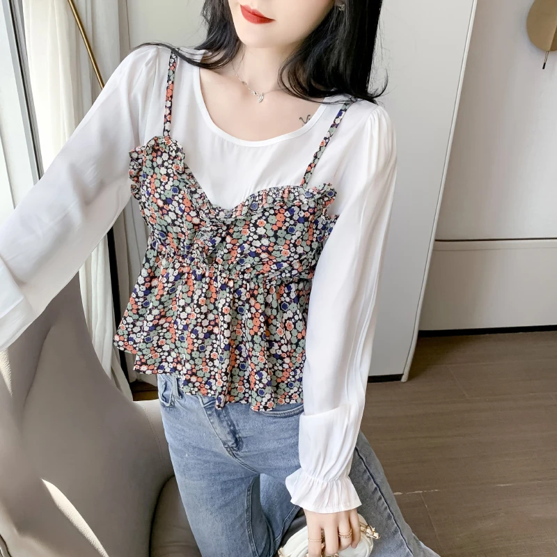 
Chiffon Blouse Elegant O Neck Women Bubble Long Sleeve patchwork Blouse Korean Fashion Ladies Sweet Floral Peplum Blouse 