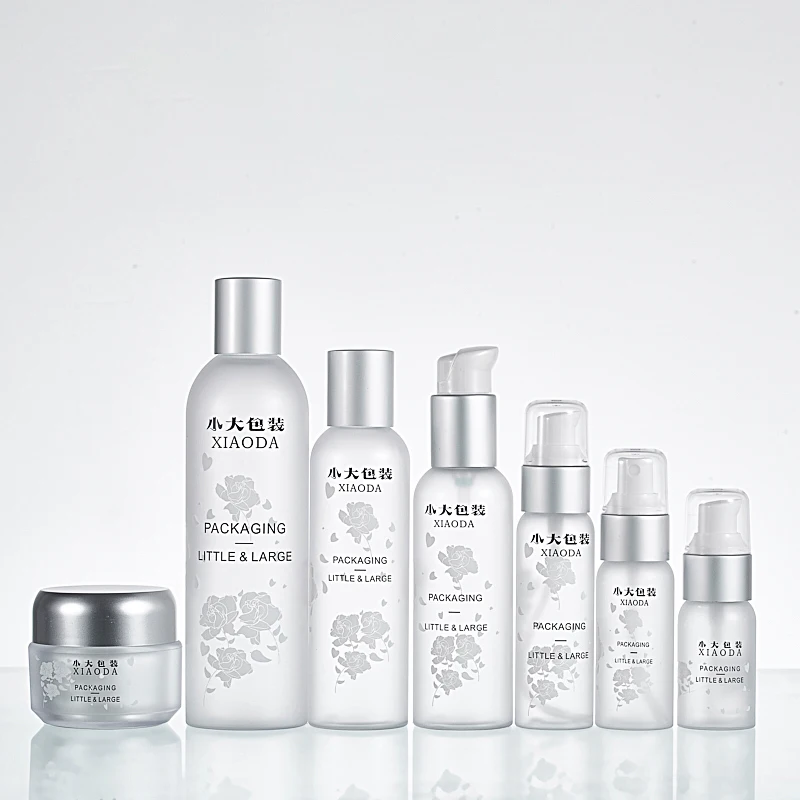 Stock!  Cosmetic packaging skin care set with Matt gold pump , empty clear frosted PET plastic cosmetic bottle with pump sprayer