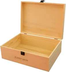 Puppet Show Rectangular Natural Pine Box with Hinged Lid and Front Buckle