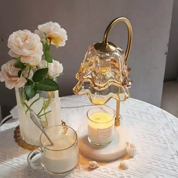Hot Selling 2024 Us/eu Plug No Fire Tulip Glass Candle Melting Lamp Electric Candle Warmer With Marble Base Table Lamp