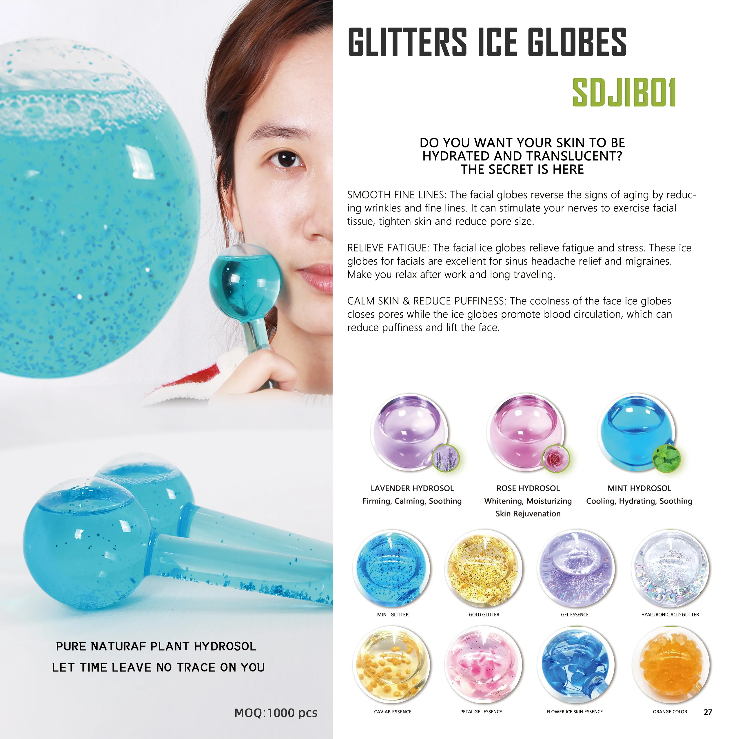 Custom Golden Glitters Beauty Tool Facial Massage Roller Rose Gold Ice Globes