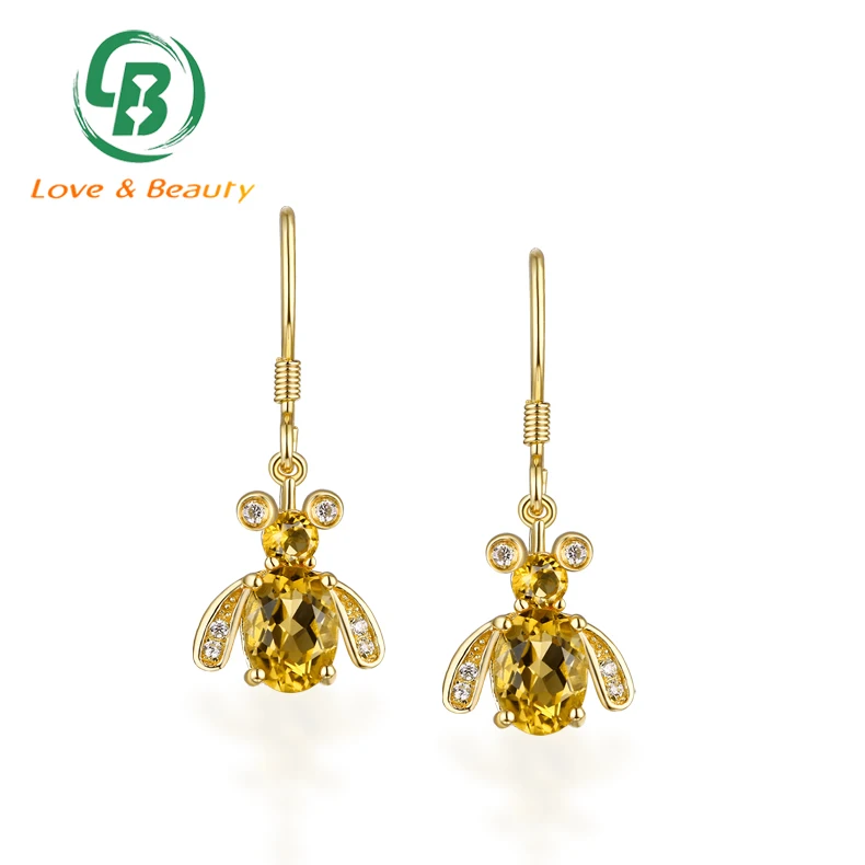 Wholesale Fashion Earrings 14k Gold Plated Bee Shaped Citrine Dangle 925 Sterling Silver Natural Gemstone Drop Earrings