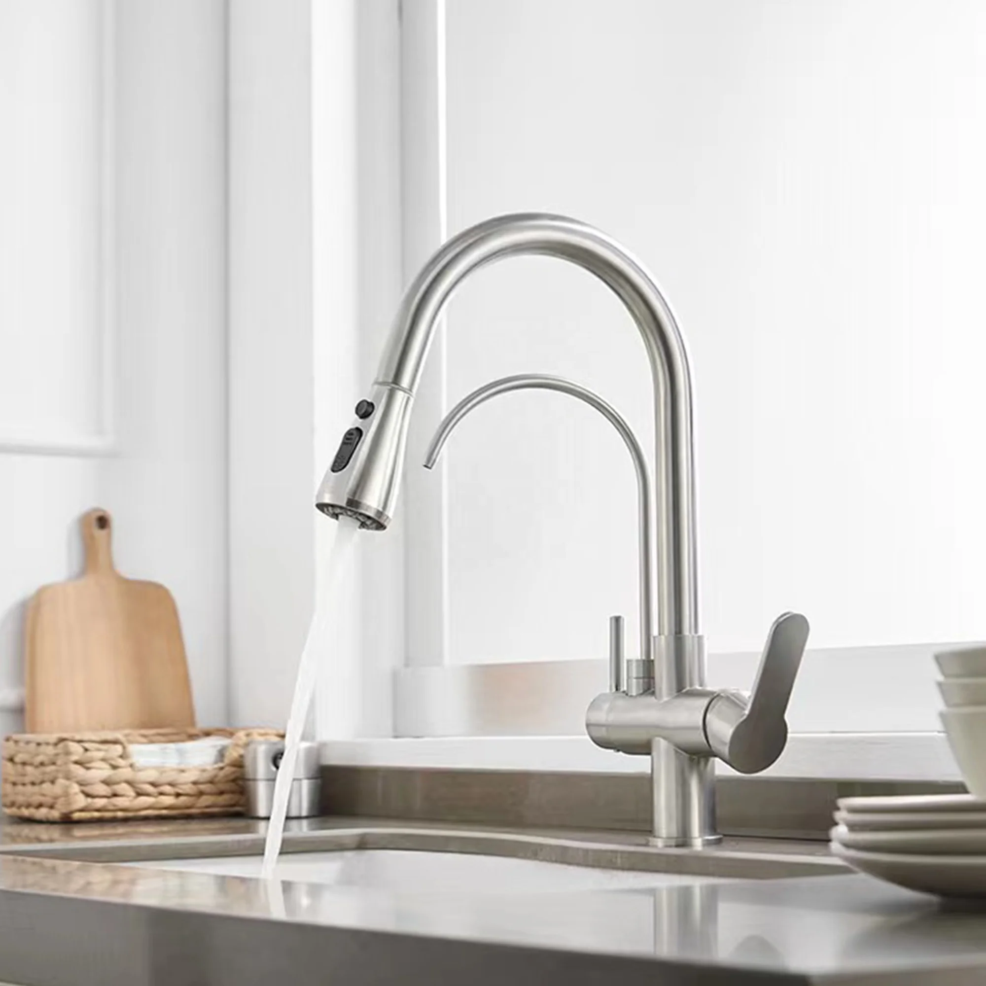 Pull Out Sink Faucet Filter Brass Double Handle Water Tap Modern Kitchen Taps Sprayer Kitchen Mixer Sink Faucets