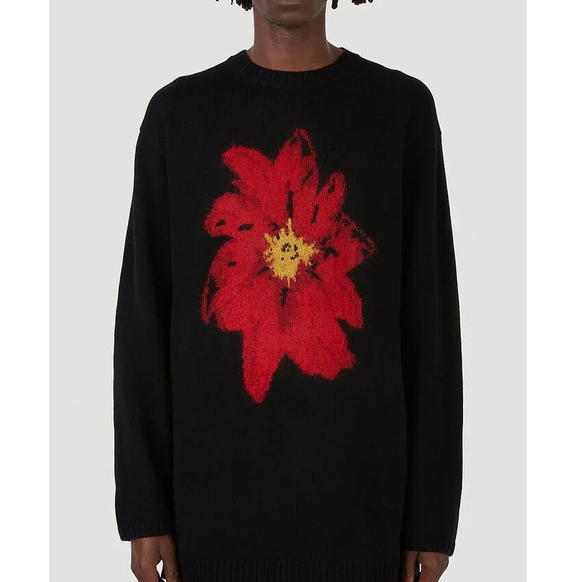 Custom Mohair Blended Crew Neck Flower Print Intarsia Knitted Sweater For Men