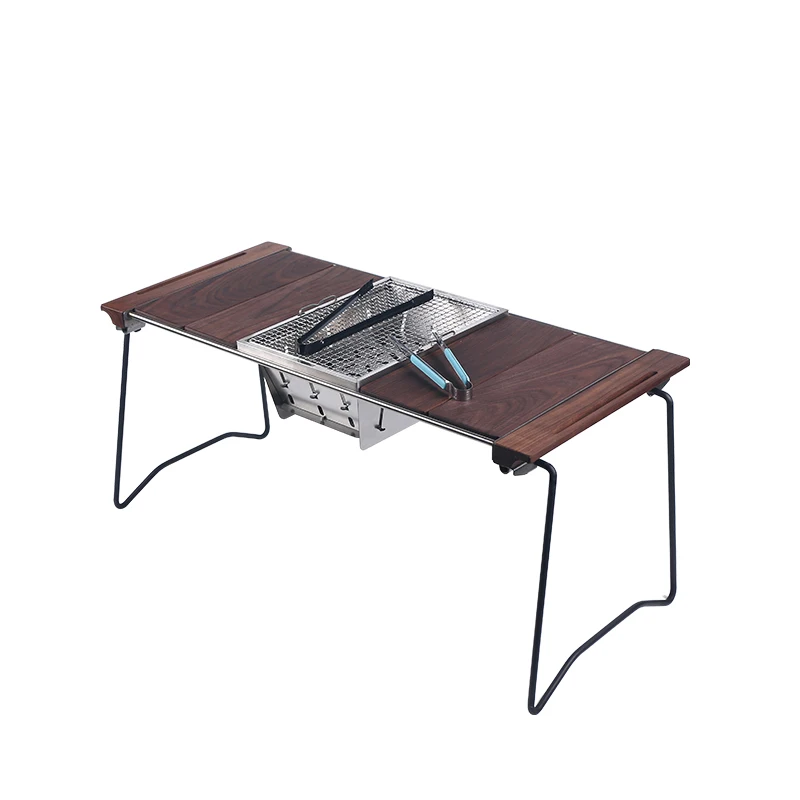 Wholesale Camping Walnut Wood Portable Table Picnic Folding Combination Stove Grill Outdoor Barbecue Table