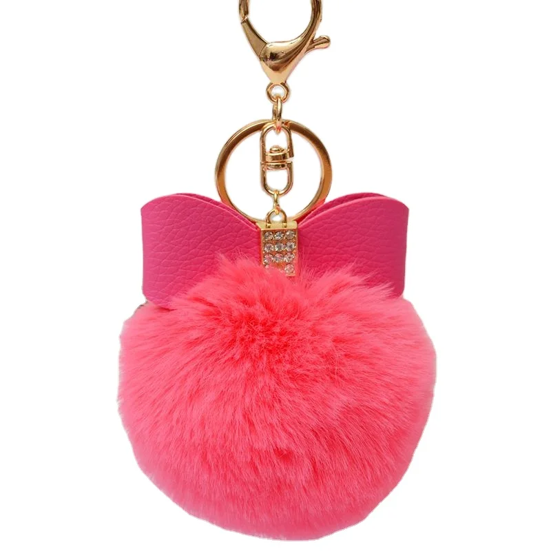 Wholesale Fashion Fluffy Fur Keychain Pompom Pu rhinestone Bow bowknot Fur Puff Ball Pompom Keychain For Women And Girls