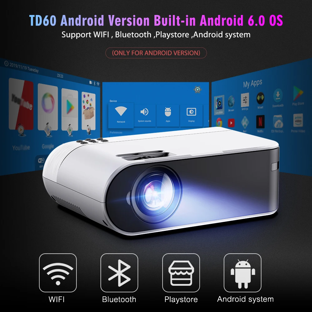 Thundeal TD60 Mini Projector Portable Wifi Android 6.0 Home Cinema Phone Video 3D Beamer for 1080P Video Proyector 2400 Lumens