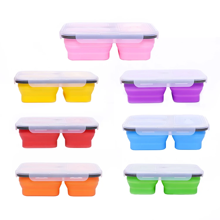 Hot Selling 3 Compartment Collapsible Food Storage & Containers Sealed Microwavable Foldable Silicone Bento Lunch Boxes for Kids