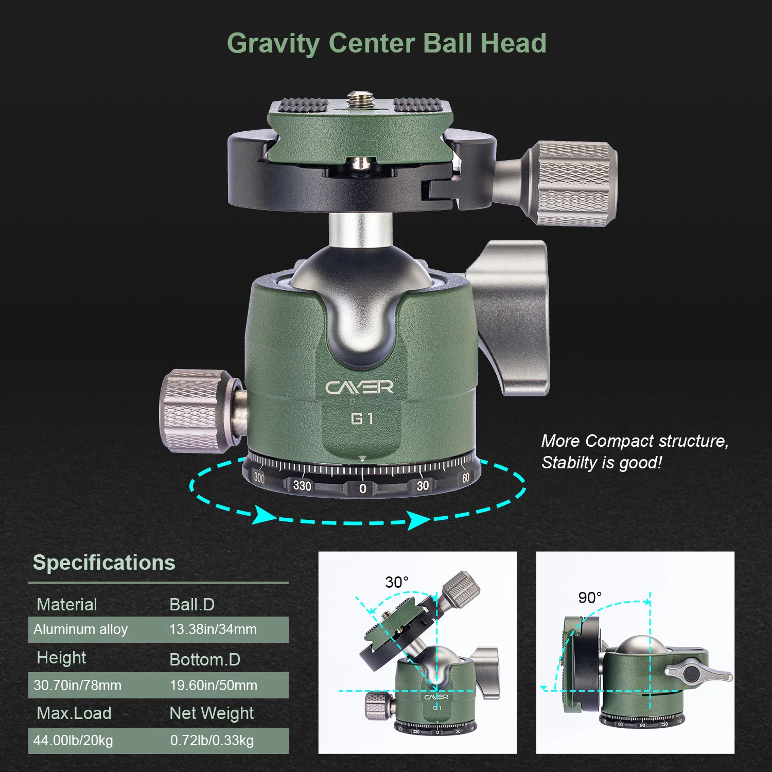 Cayer FP1450G1 Lightweight Aluminum Reverse Folding Tripod Kit with Removable Leg for Monopod Professional Camera Video Tripod
