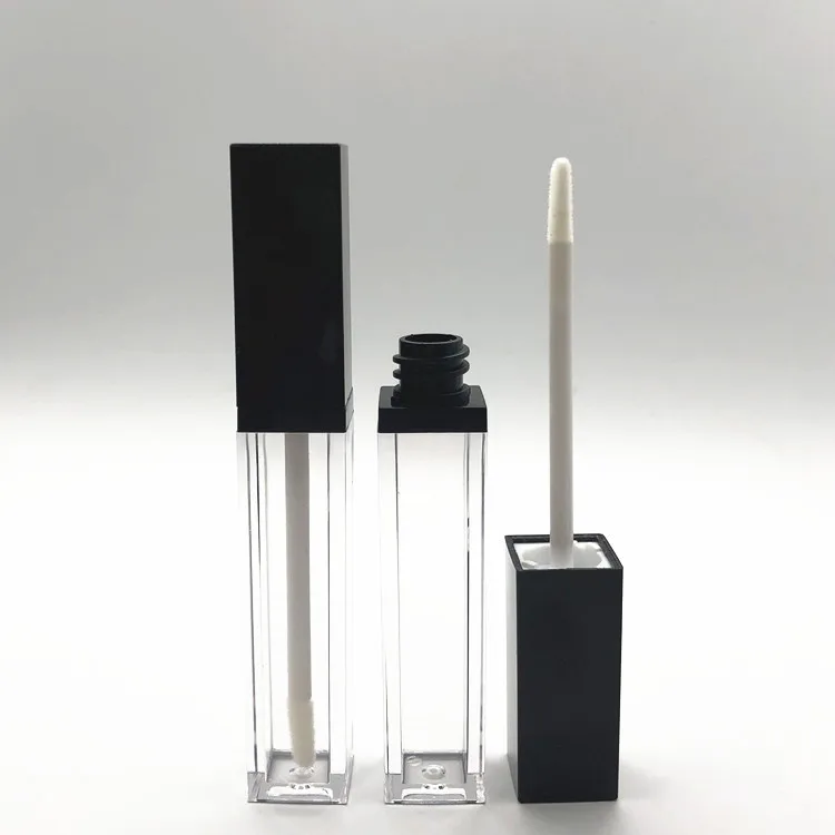 Printable LOGO Frosted Black cover square with middle ring 6ml lip gloss bottle lip brush hollow tube thick wall with middle sec