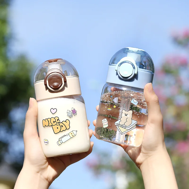 Wholesale 380ml Kids Drinking Bottle Borosilicate Glass Cartoon Baby Water Bottle With Straw Travel Leakproof Milk Cup