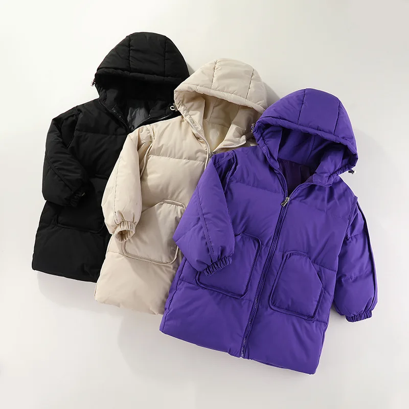 Ins Fashion Winter Autumn Kids Teenagers Jackets Solid Color Zipper Long Down Coats for Boys Girls