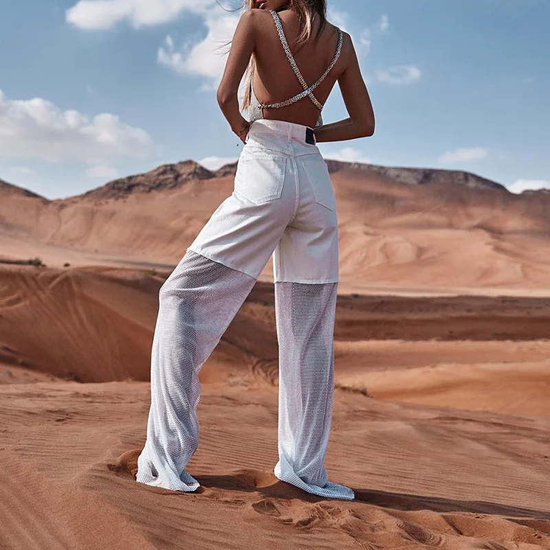 Club Trousers Stitching Rhinestone Mesh Pants Custom Design Denim Jeans for Women