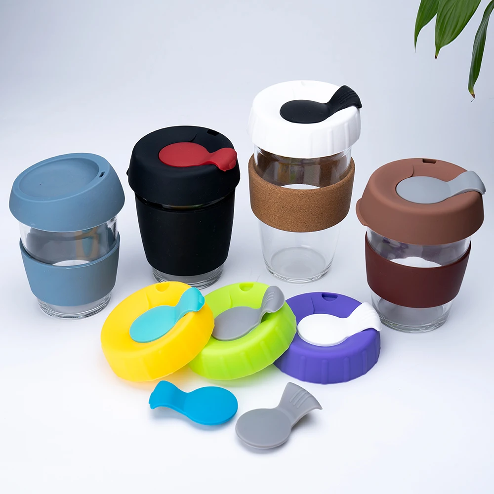12 oz Custom Personalized Glass Water Cup Heat Resistant Silicone Glass Coffee Cup with Lid and Sleeve