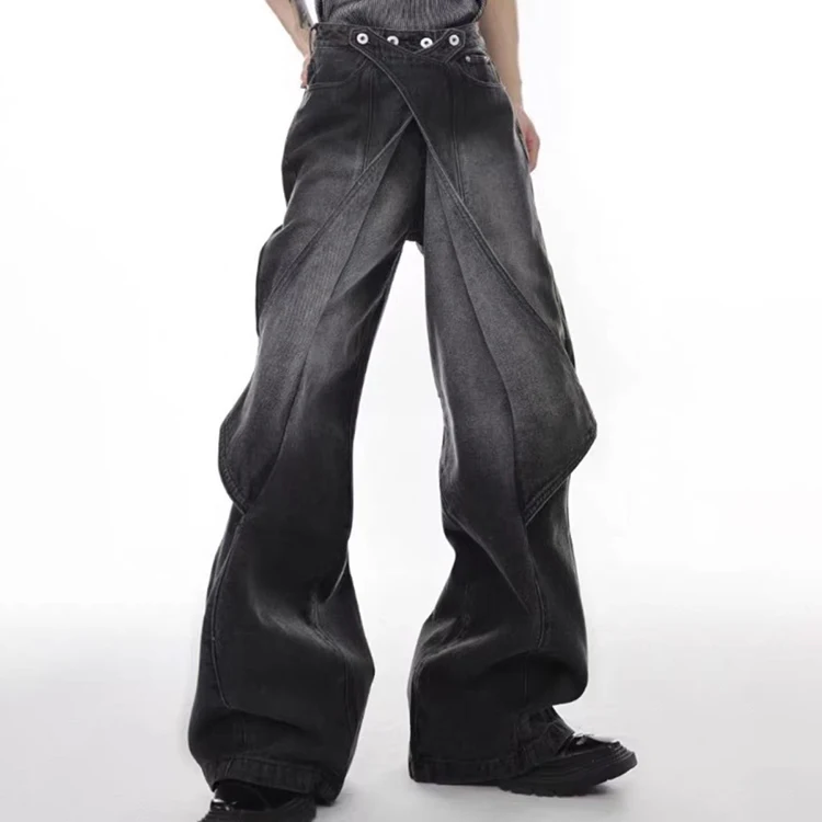 Custom High Quality Street wear Heavy Buttons Jeans Custom Wave Loose Fit Stacked Wide Leg Flare Vintage Washed Denim Jeans