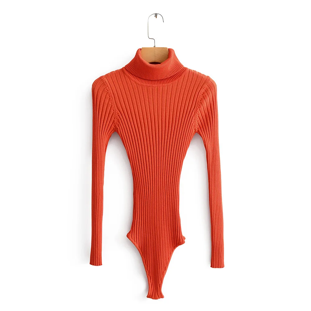 Wholesale Ladies Clothing Pure Color Long Sleeve Ribbed High Neck Bodysuit Women