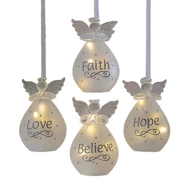 Wholesale Christmas Decoration Glass Angel Crystal White Glass Christmas Angel Ornament with LED Light
