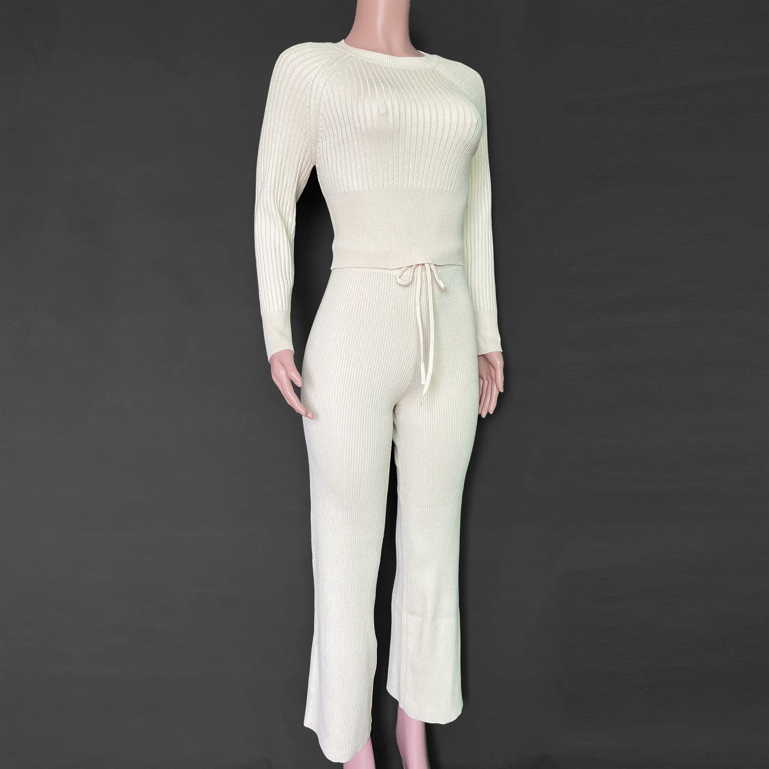 New Arrival High Quality Long Sleeve Wide Leg Knitted Ribbed Two Piece Lounge Wear For Women 4