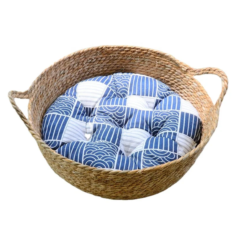 Hand Made Rattan Round Bed with Soft Cushion for Cats or Small Dogs Rattan Cat Bed