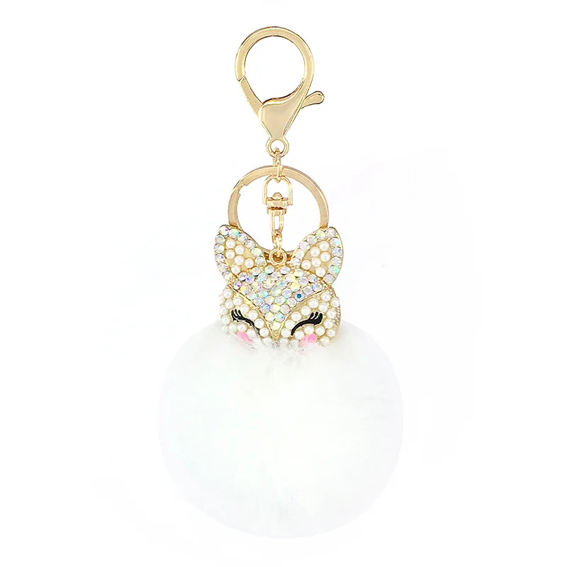 New Hot Juli Cute Charm Fox Fur Ball Pendant Keychain Pearl and Rhinestone Fox Head Keychain