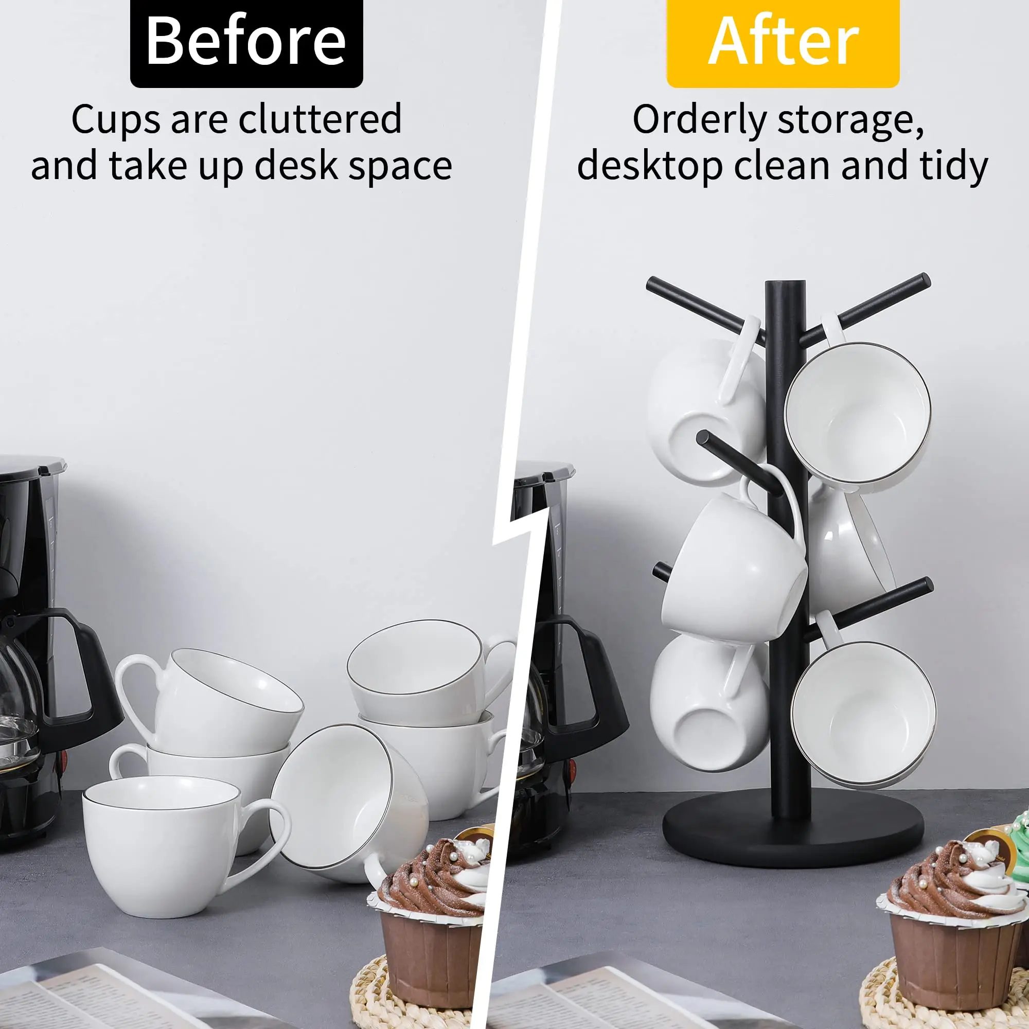 For Living Room Bedroom Kitchen Black Metal Durable Coffee Cup Holder with 6 Hooks Mug Tree Headphone Organizer