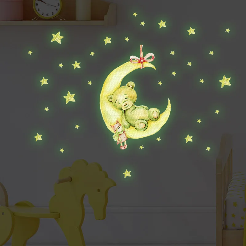Wholesale Little Bear The Pooh Sleeping on the Moon Luminous Kids Bedroom Decal Glow In Dark Wall Stickers