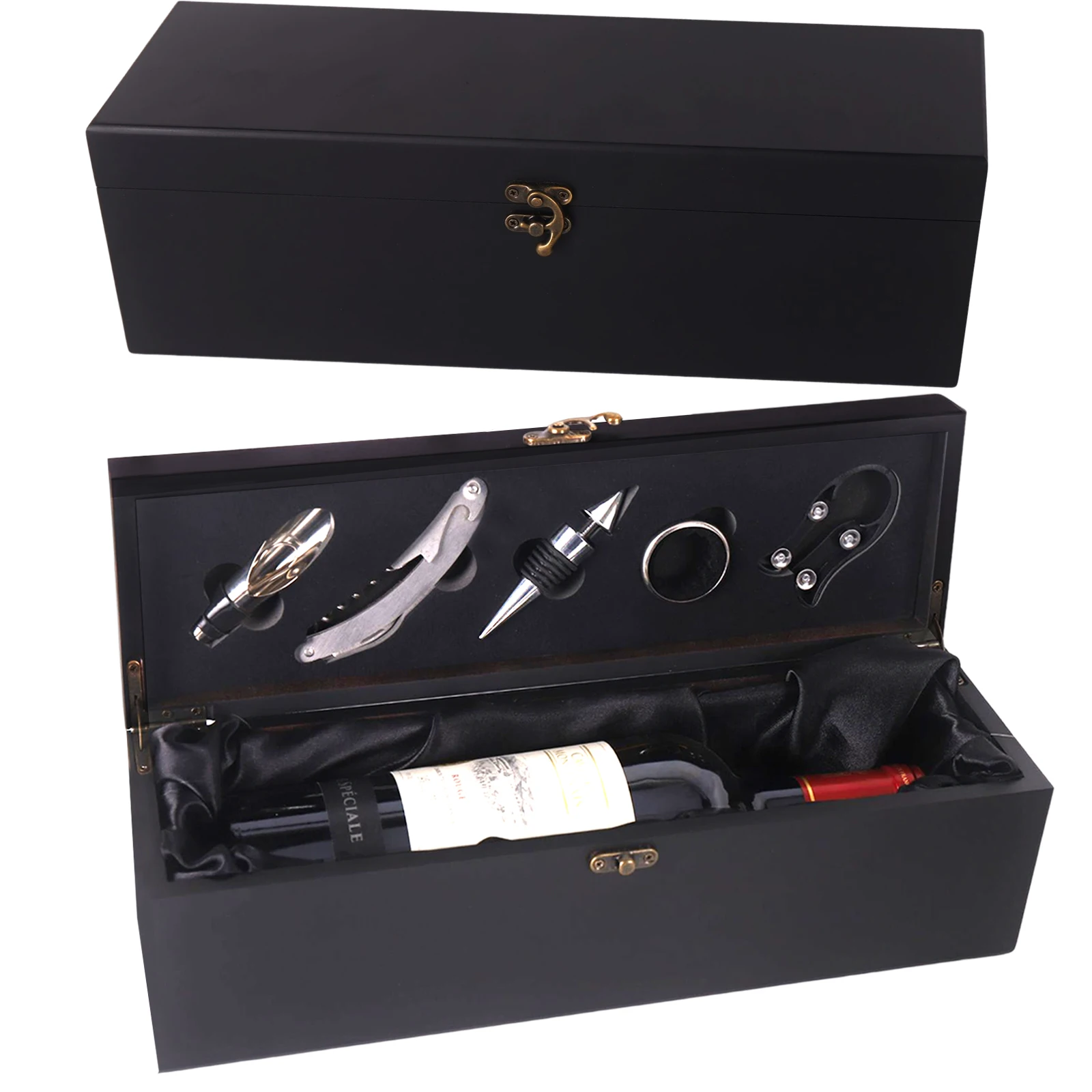 ZBPASL-Factory direct sales  Black MDF Wood Wine Gift Box Set with Tools Wine Box With Bottle Opener And Bottle Stopper