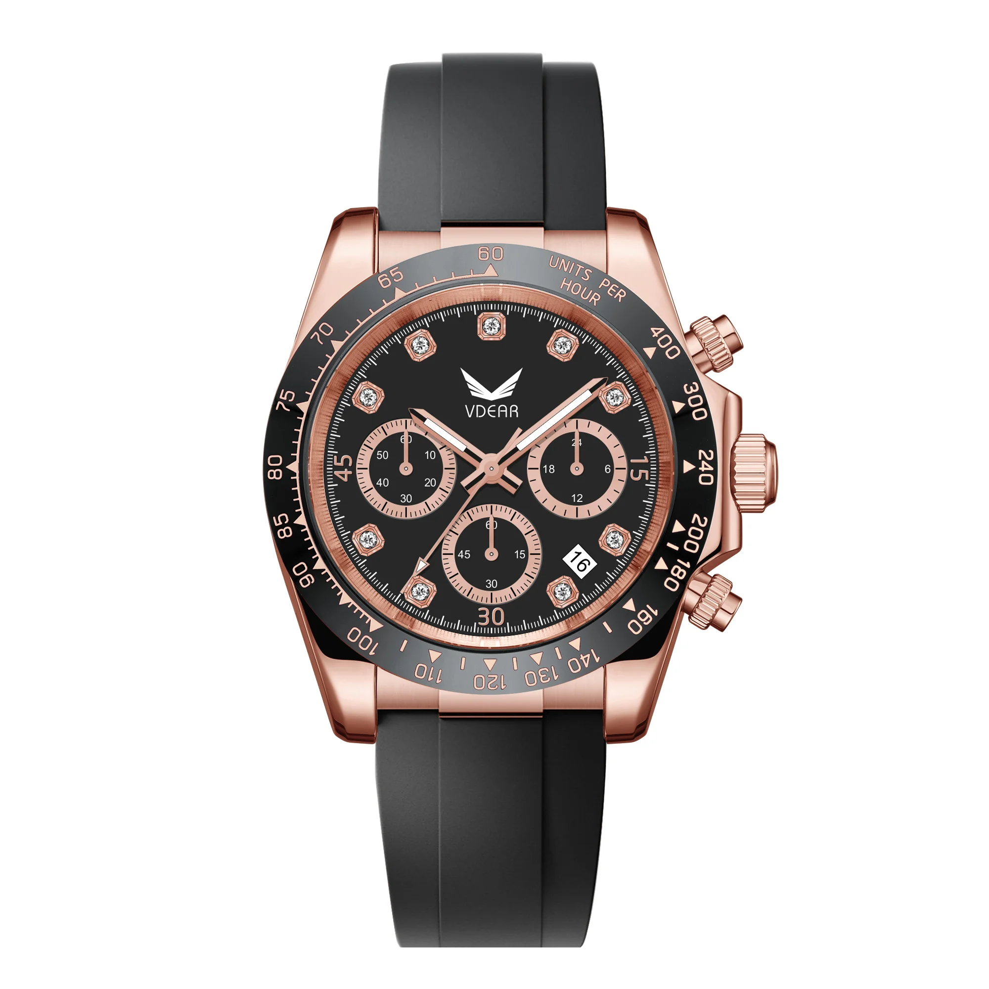 Wholesale Silicone Chronograph Luminous Calendar Ceramics Bezel Custom Made Watches With Logo Black Face Diamond Watch For Men