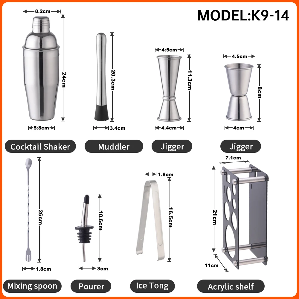 Creation Factory Direct Customizable 700ml Bar Tools Cocktail Maker 304 Stainless Steel Barware Set with Acrylic Frame Stand