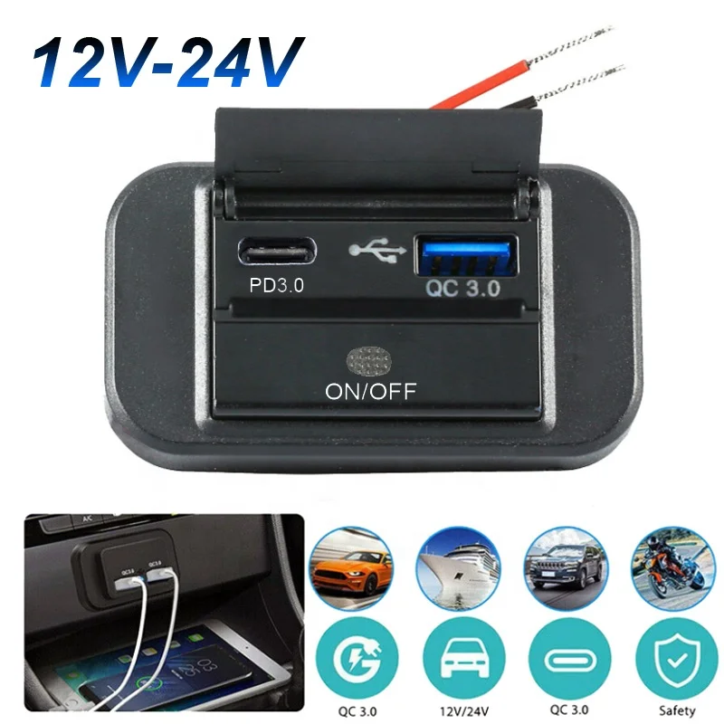 DC 12V 24V Panel Mount Dual USB Charger 2 USB Ports Qc 3.0 Type C PD Car Charger Socket for Tram Boat Bus Seat