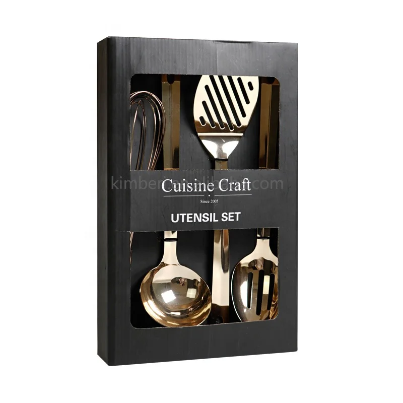 Hot selling luxury golden 4 pcs stainless steel kitchen utensils set with window box