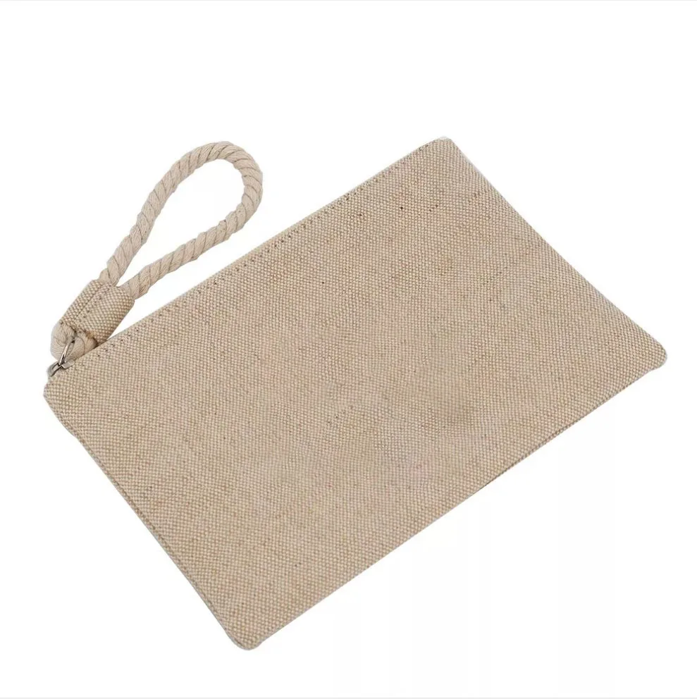 Custom logo burlap toiletry pouch make up zipper bag organic jute cosmetic bag