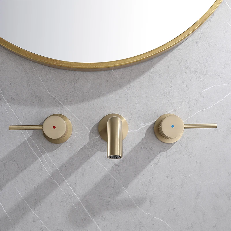 Luxury Bathroom Sink Faucet 3 Holes Brass Brushed Gold Vanity Faucet Knurled Wall Mounted Basin Mixer Faucet