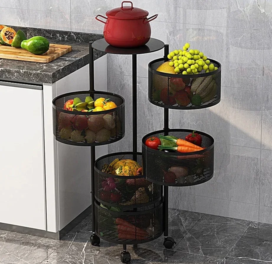 Floor-standing round rotating rack Kitchen multi-layer trolley Vegetable and fruit pots and pans storage storage basket