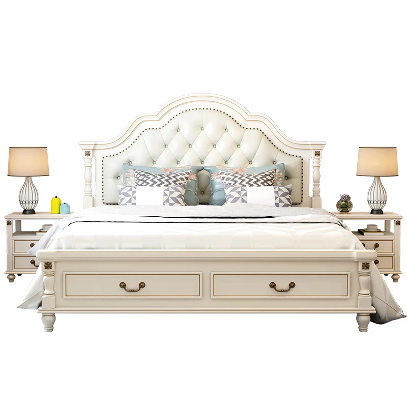 American Style Solid Wood High Box Storage Light Luxury Carved Bed Head Bedroom Furniture Set Double Bed