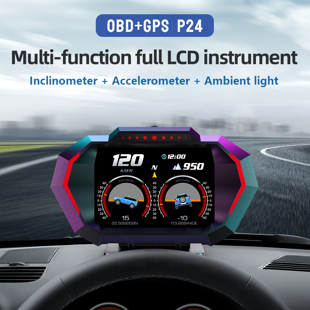 P24 3.5 Inch Multilingual Auto Meter Monitor Multi-Function LCD Instrument Alarm Speed Reminder OBD GPS Dual Mode Clock Function